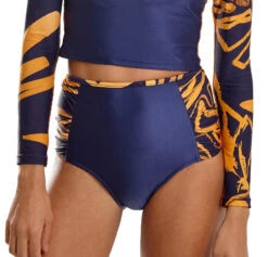 Navy & Gold Brazilian High Waist Bottom - Bottom Board Bold Leafs -Deals Scrunch Bikini Store bottom blueman bottom board bold leafs 6