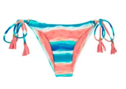 Blue And Coral Brazilian Scrunch Bikini Bottom With Pompoms - Bottom Upbeat Invisible