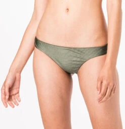 Khaki Ribbed Fixed Scrunch Bikini Bottom - Bottom Longo Verde Liso Canelado