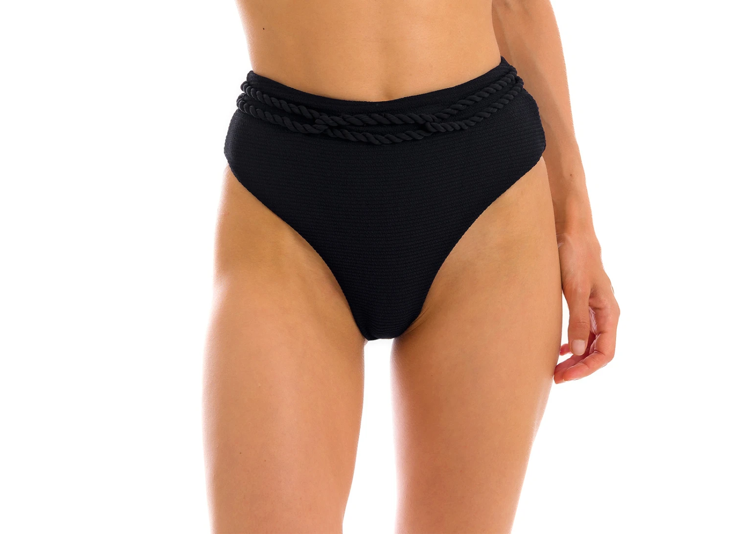 Black Textured High Waist Bikini Bottom With Twisted Rope - Bottom St-tropez-black Hotpant-high 4 Black Textured High Waist Bikini Bottom With Twisted Rope - Bottom St-tropez-black Hotpant-high - Image 2